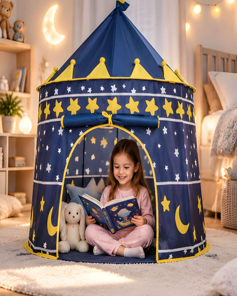 CARPA CASTILLO INFANTIL AZUL CON ESTRELLAS Y LUNAS PARA JUGAR - 4