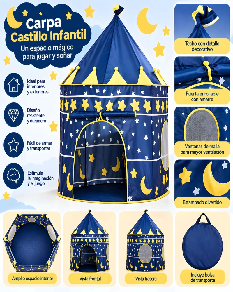 CARPA CASTILLO INFANTIL AZUL CON ESTRELLAS Y LUNAS PARA JUGAR - 5