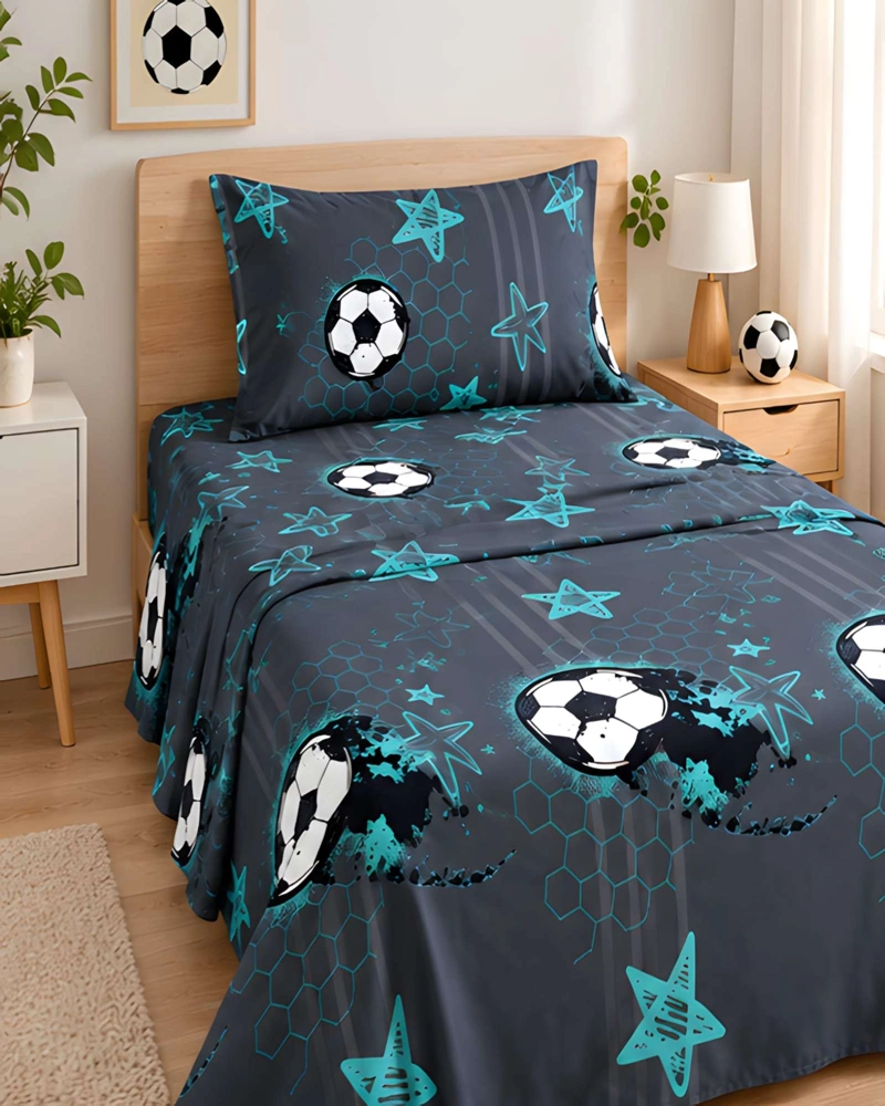 JUEGO SABANAS 1.5 PLAZAS ESTAMPADO FUTBOL CON FUNDA - 1