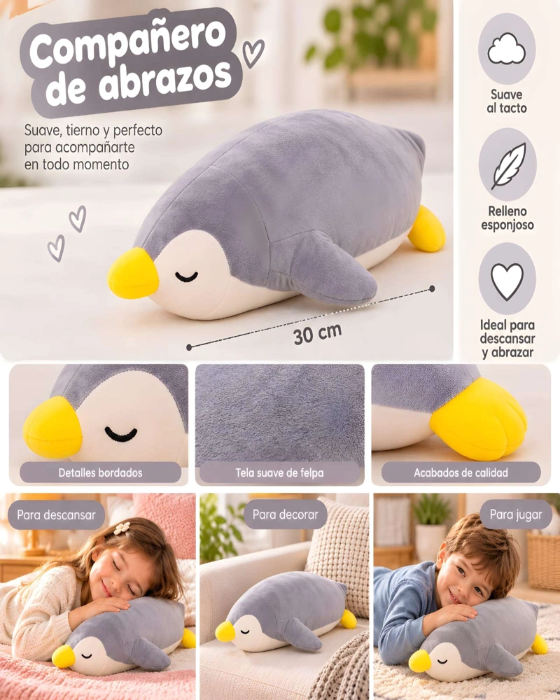 COJIN ALARGADO DE PINGÜINO AFELPADO DE 30 CENTIMETROS PARA CUNAS Y CAMAS - 5