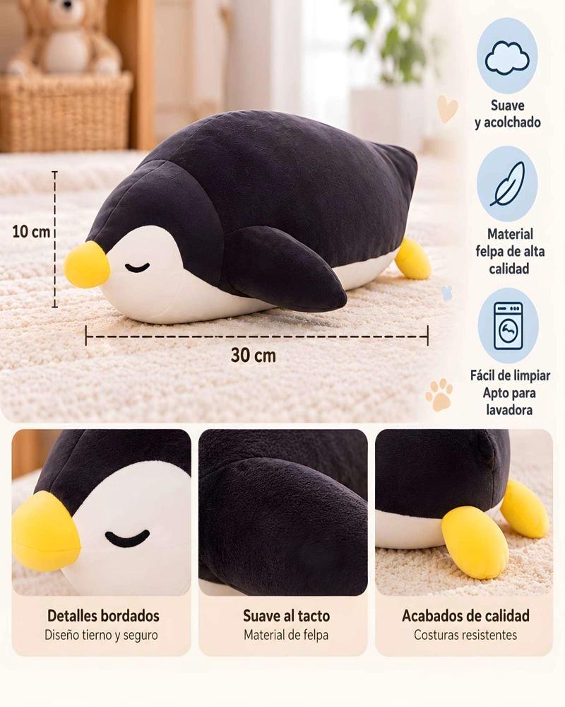 COJIN ALARGADO DE PINGÜINO AFELPADO DE 30 CENTIMETROS PARA CUNAS Y CAMAS - 5