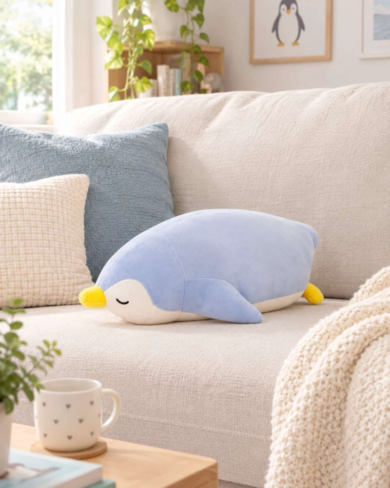 COJIN ALARGADO DE PINGÜINO AFELPADO DE 30 CENTIMETROS PARA CUNAS Y CAMAS - 1