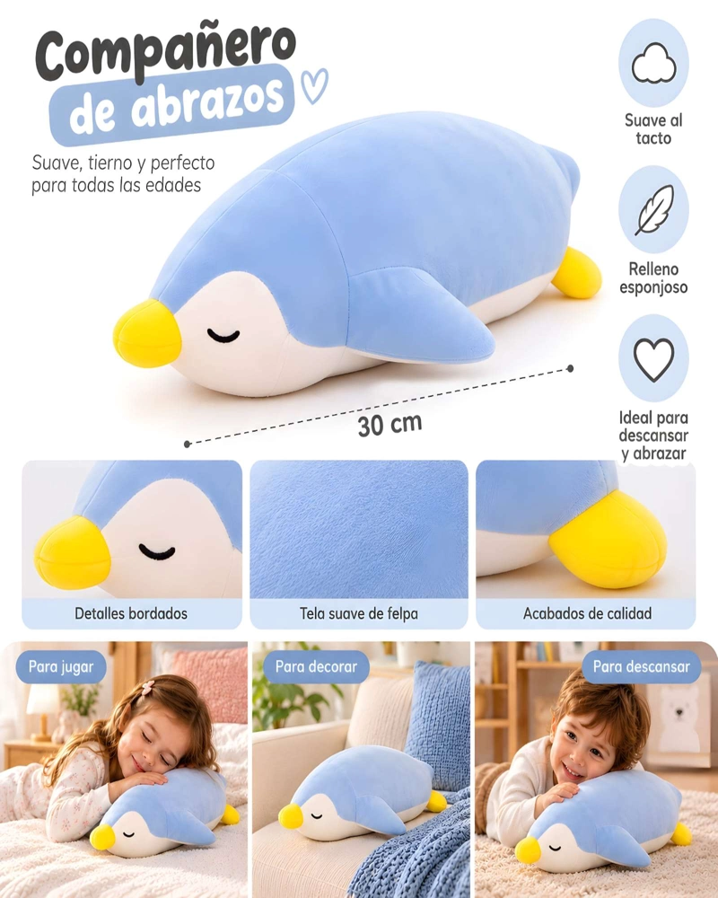 COJIN ALARGADO DE PINGÜINO AFELPADO DE 30 CENTIMETROS PARA CUNAS Y CAMAS - 5