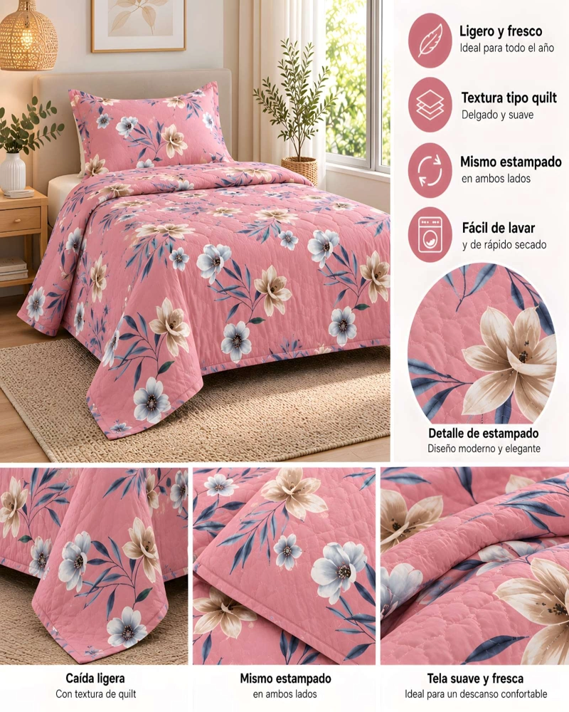 CUBRECAMAS 1 PLAZA Y MEDIA QUILT LIVIANO DE VERANO CON FUNDA - 5
