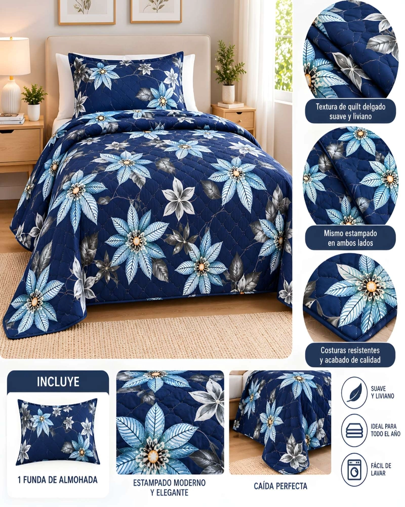 CUBRECAMA 1.5 PLAZAS QUILT LIVIANO CON ALMOHADA - 5