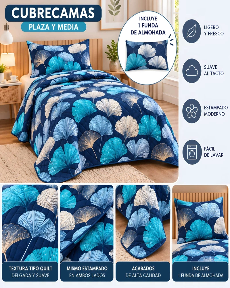 CUBRECAMA 1.5 PLAZAS QUILT LIVIANO CON ALMOHADA - 5