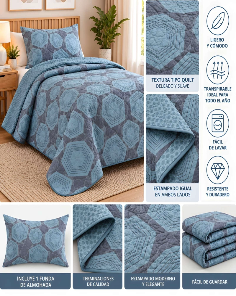 CUBRECAMA 1.5 PLAZAS QUILT LIVIANO CON ALMOHADA - 5