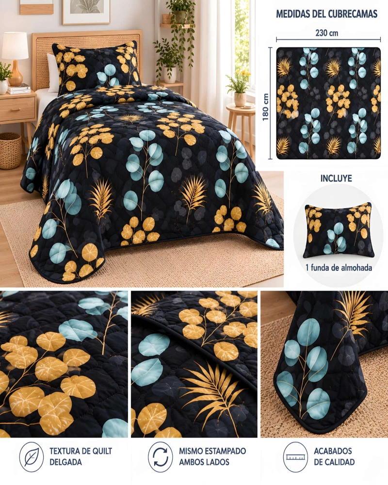 CUBRECAMAS 1 PLAZA Y MEDIA QUILT LIVIANO DE VERANO CON FUNDA - 5