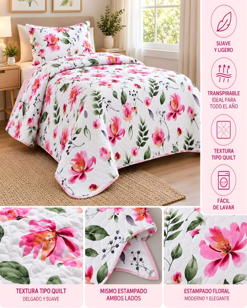 CUBRECAMAS 1 PLAZA Y MEDIA QUILT LIVIANO DE VERANO CON FUNDA - 5