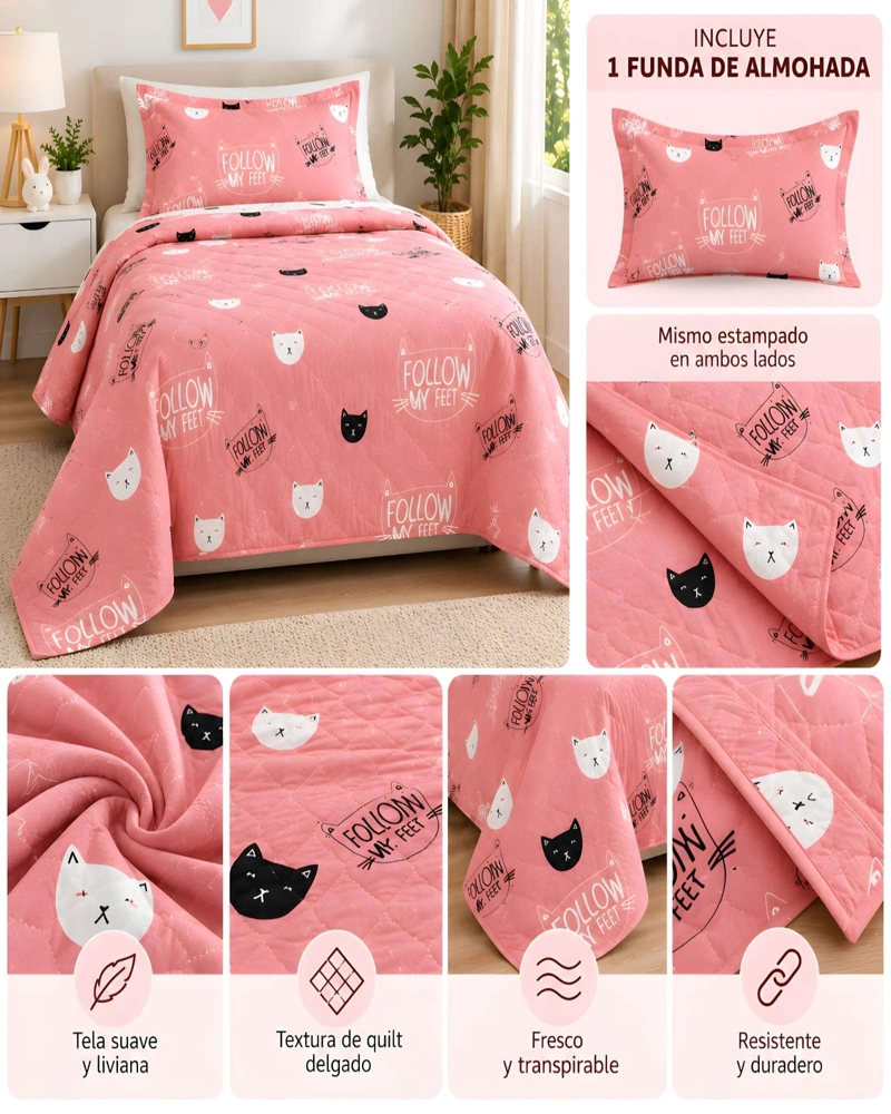 CUBRECAMAS 1 PLAZA Y MEDIA QUILT LIVIANO DE VERANO CON FUNDA - 5