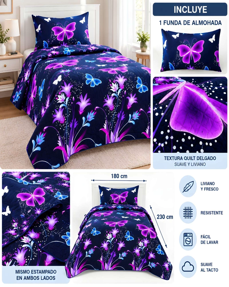 CUBRECAMAS 1 PLAZA Y MEDIA QUILT LIVIANO DE VERANO CON FUNDA - 5
