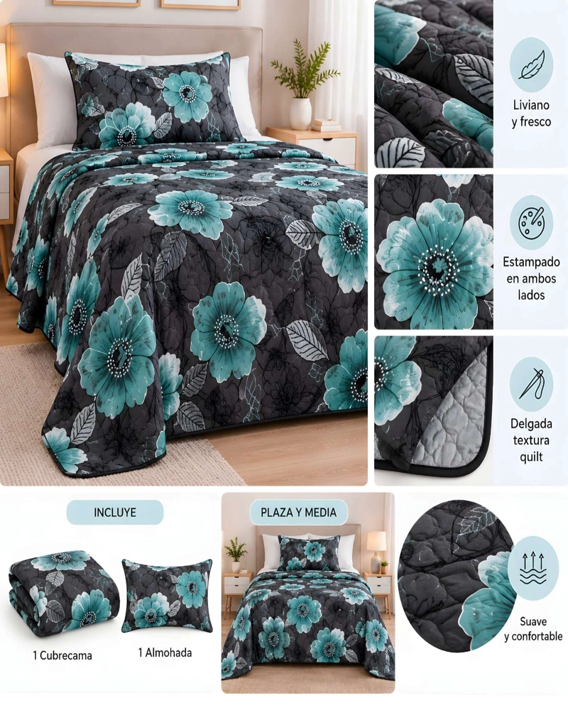 CUBRECAMAS 1 PLAZA Y MEDIA QUILT LIVIANO DE VERANO CON FUNDA - 5