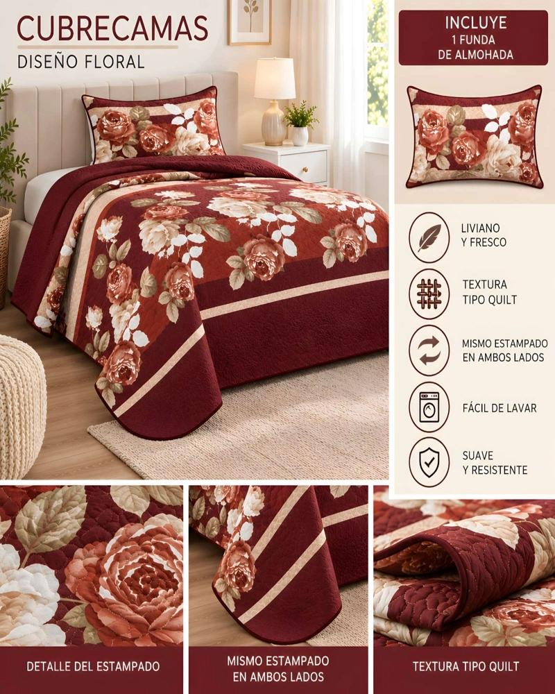 CUBRECAMA 1.5 PLAZAS QUILT LIVIANO CON ALMOHADA - 5