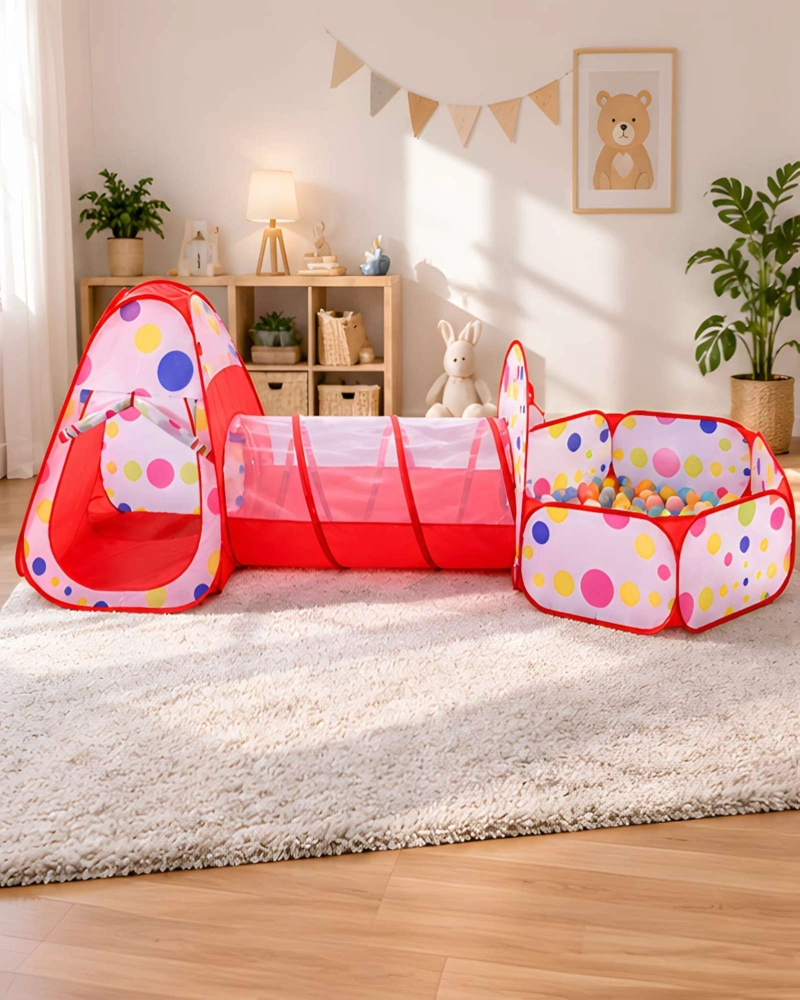 CASTILLO DE JUEGOS INFANTIL CON TUNEL DE GATEO Y ESTACION PARA PELOTAS - 1
