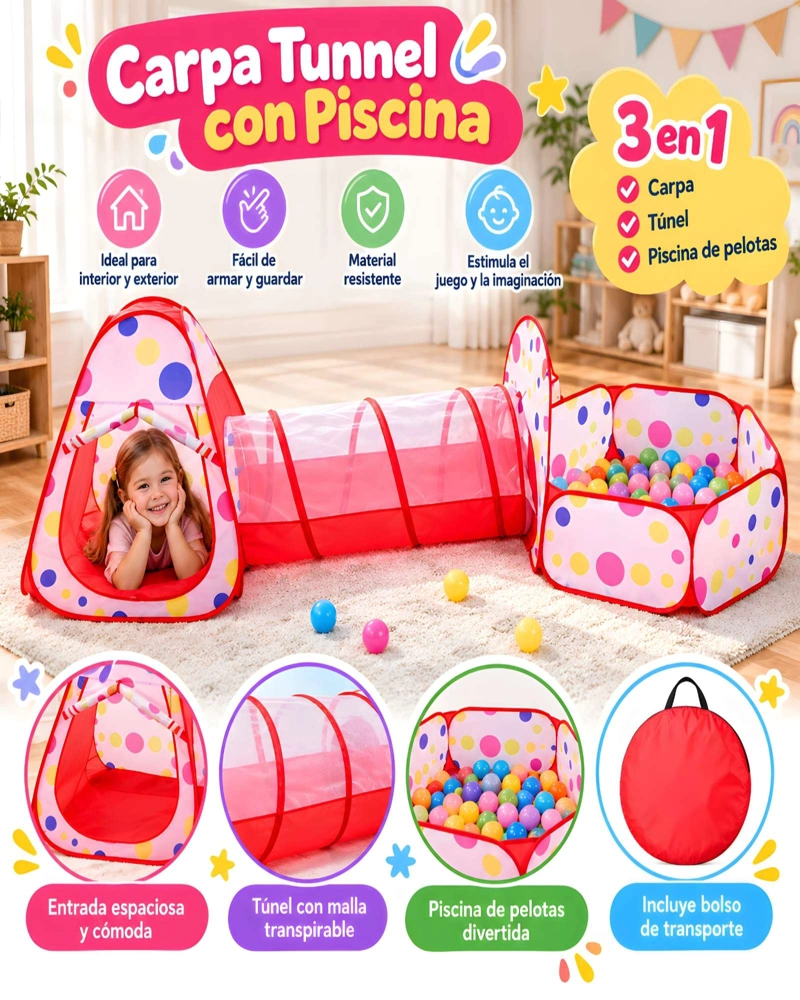 CASTILLO DE JUEGOS INFANTIL CON TUNEL DE GATEO Y ESTACION PARA PELOTAS - 5