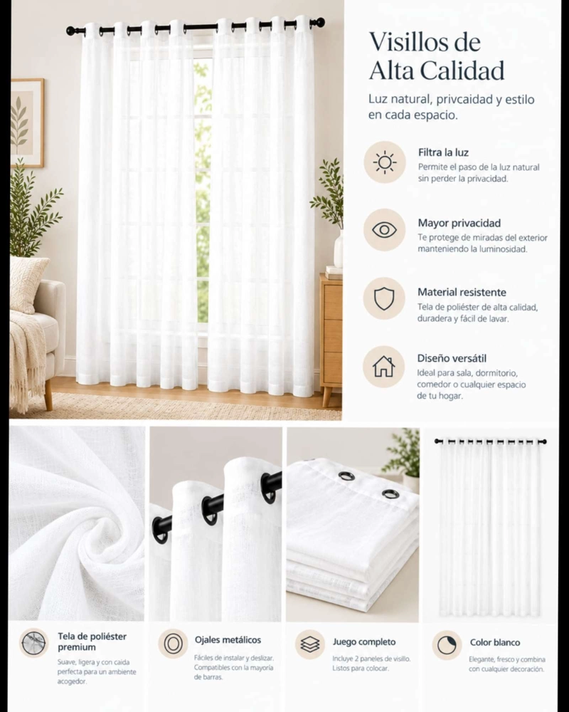 CORTINAS BLANCAS 140X220 CM VISILLO LIGERO CON OJALES - 5