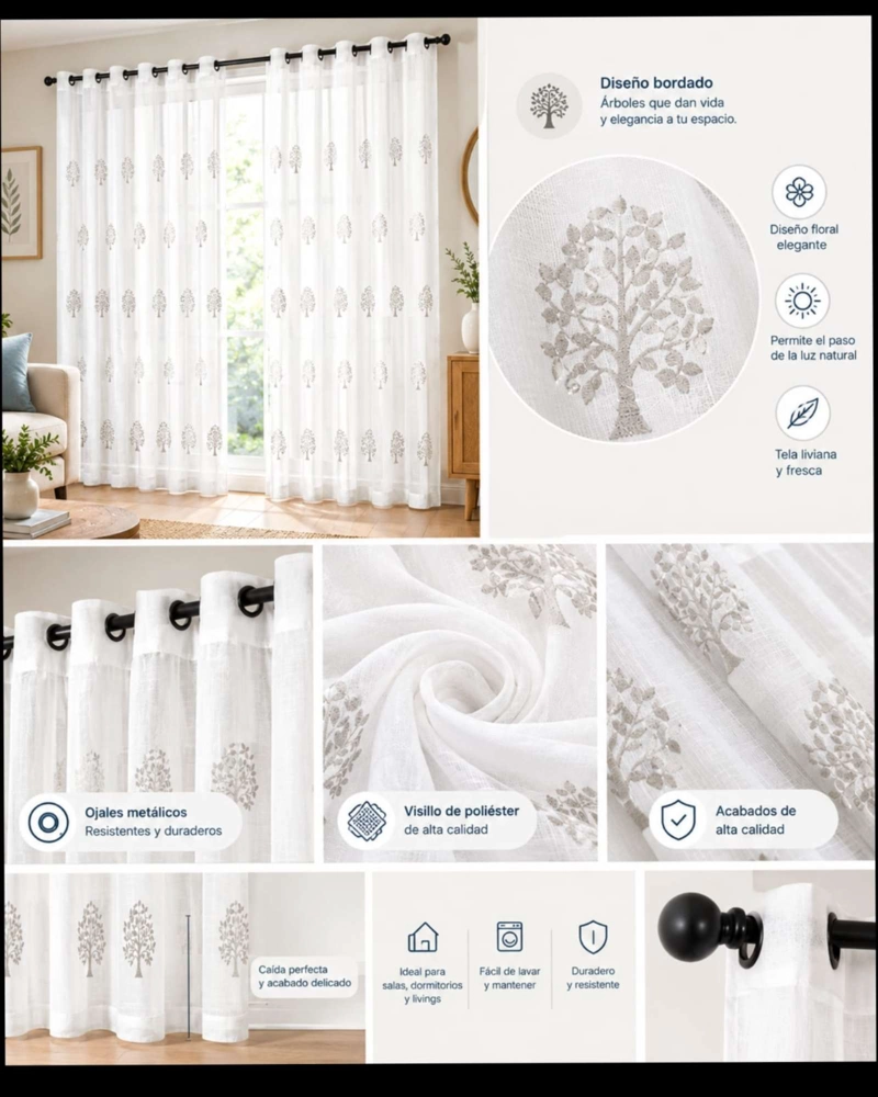 JUEGO 2 CORTINAS VISILLO 140X220 CM CON BORDADO FLORAL - 5