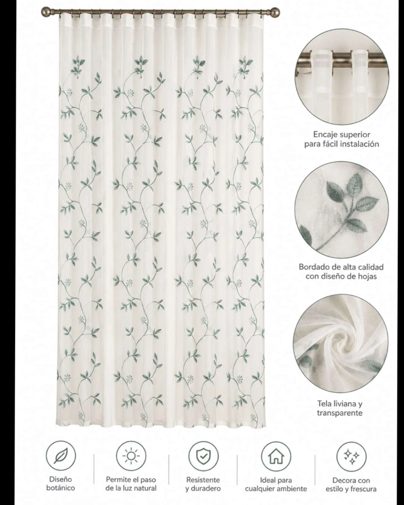 JUEGO 2 CORTINAS VISILLO 140X220 CM CON BORDADO FLORAL - 5