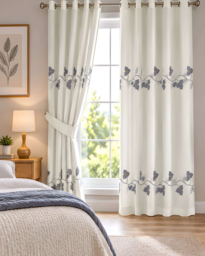 JUEGO 2 CORTINAS VISILLO 140X220 CM CON BORDADO FLORAL - 1