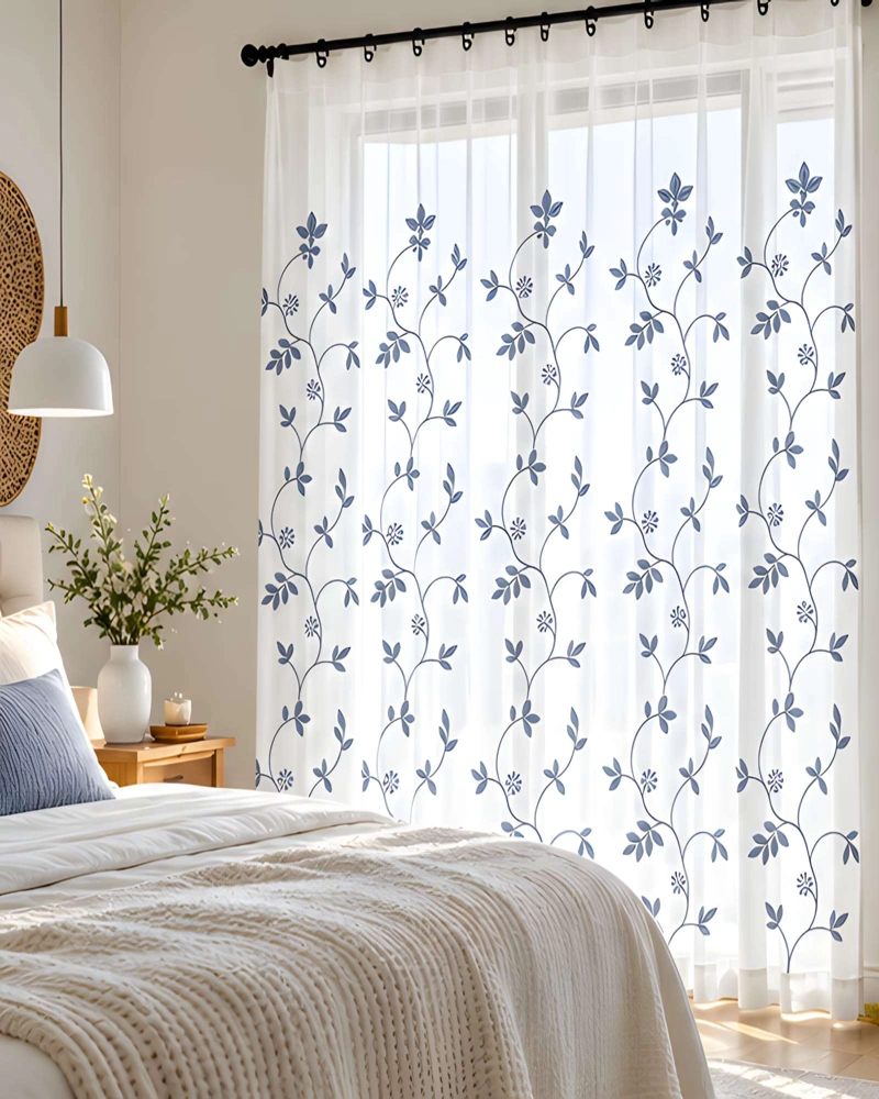 JUEGO 2 CORTINAS VISILLO 140X220 CM CON BORDADO FLORAL - 1