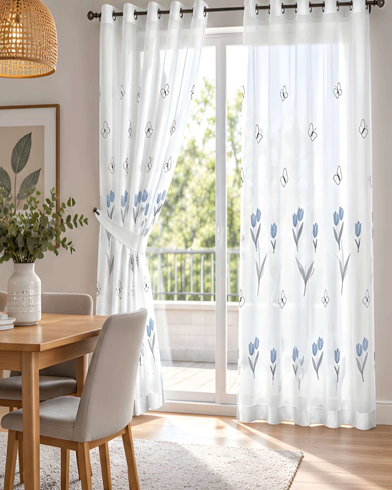 JUEGO 2 CORTINAS VISILLO 140X220 CM CON BORDADO FLORAL - 1