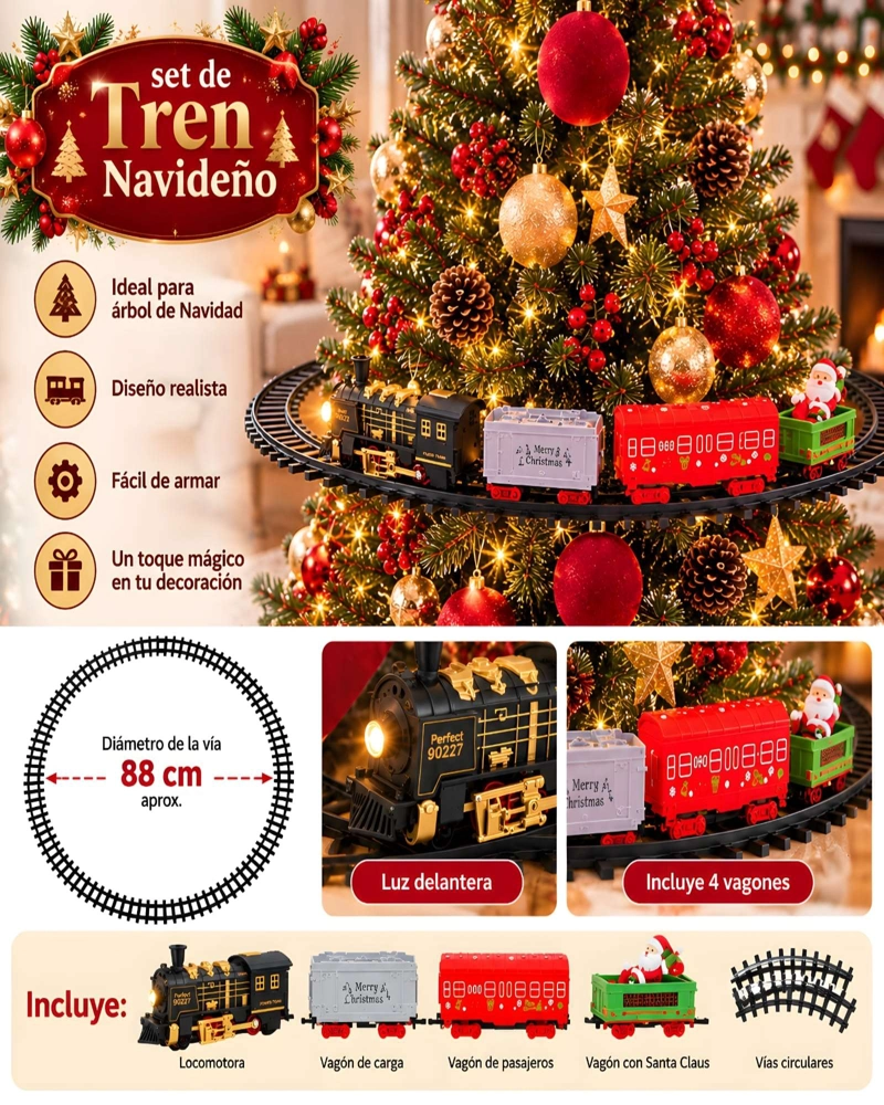 ADORNO DE TREN NAVIDEÑO CON VIAS 88CM Y LOCOMOTORA CON LUZ - 5