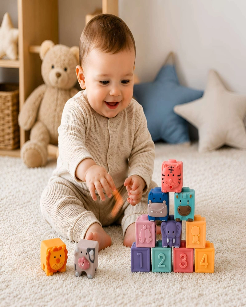 BLOQUES SENSORIALES PARA BEBE  12 PIEZAS SUAVES CON NUMEROS Y ANIMALES - 1