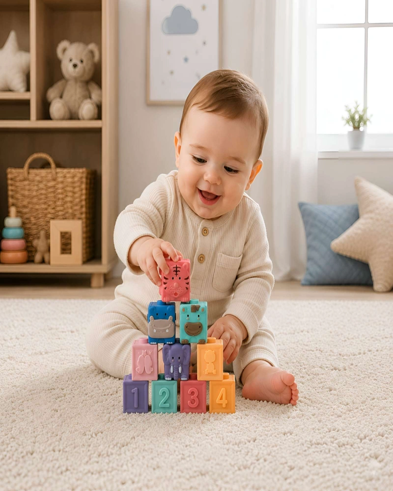 BLOQUES SENSORIALES PARA BEBE  12 PIEZAS SUAVES CON NUMEROS Y ANIMALES - 2
