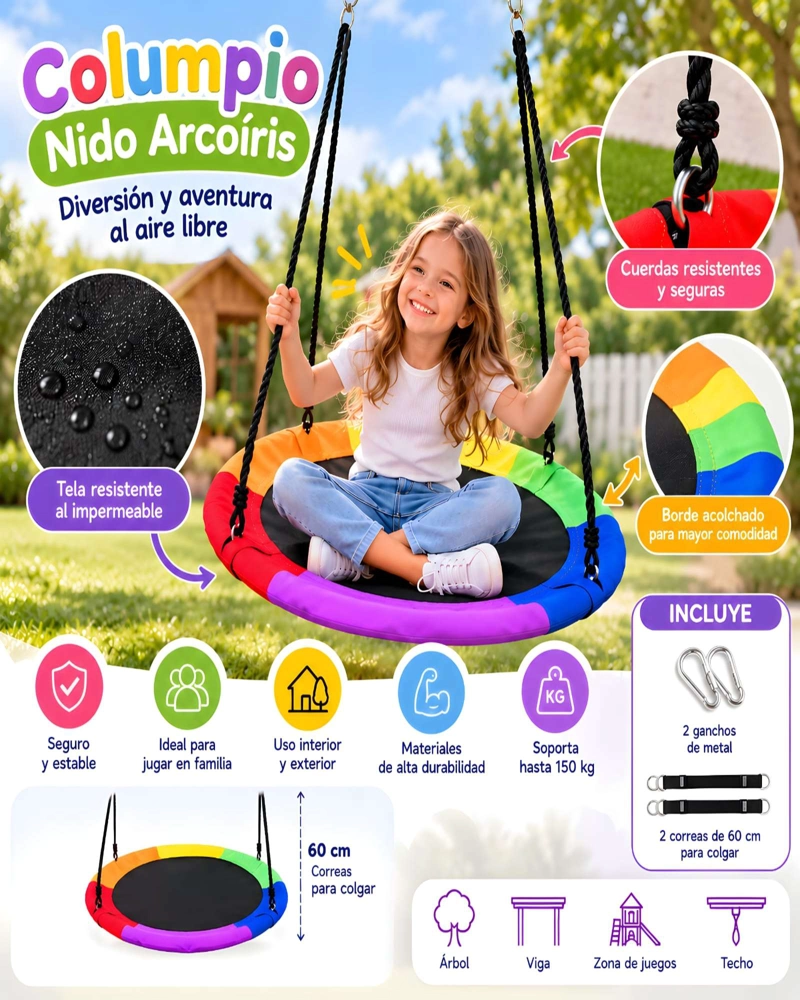 COLUMPIO NIDO PARA NIÑOS JUEGO JARDIN CON CORREAS Y GANCHOS - 4