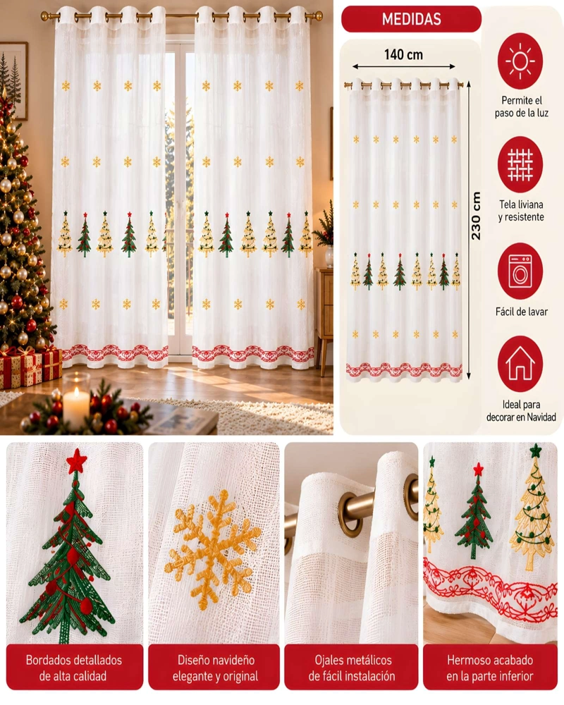 CORTINAS VISILLOS NAVIDEÑOS BORDADOS 2X (140X230 CM) - 5