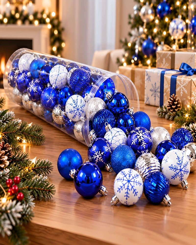 SET 48 ESFERAS DE NAVIDAD 7 CM SURTIDO AZUL BLANCO Y PLATA - 2