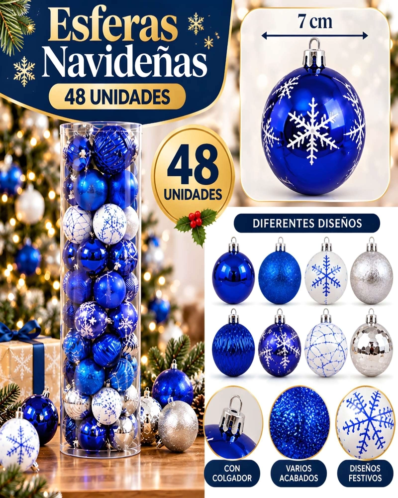 SET 48 ESFERAS DE NAVIDAD 7 CM SURTIDO AZUL BLANCO Y PLATA - 5