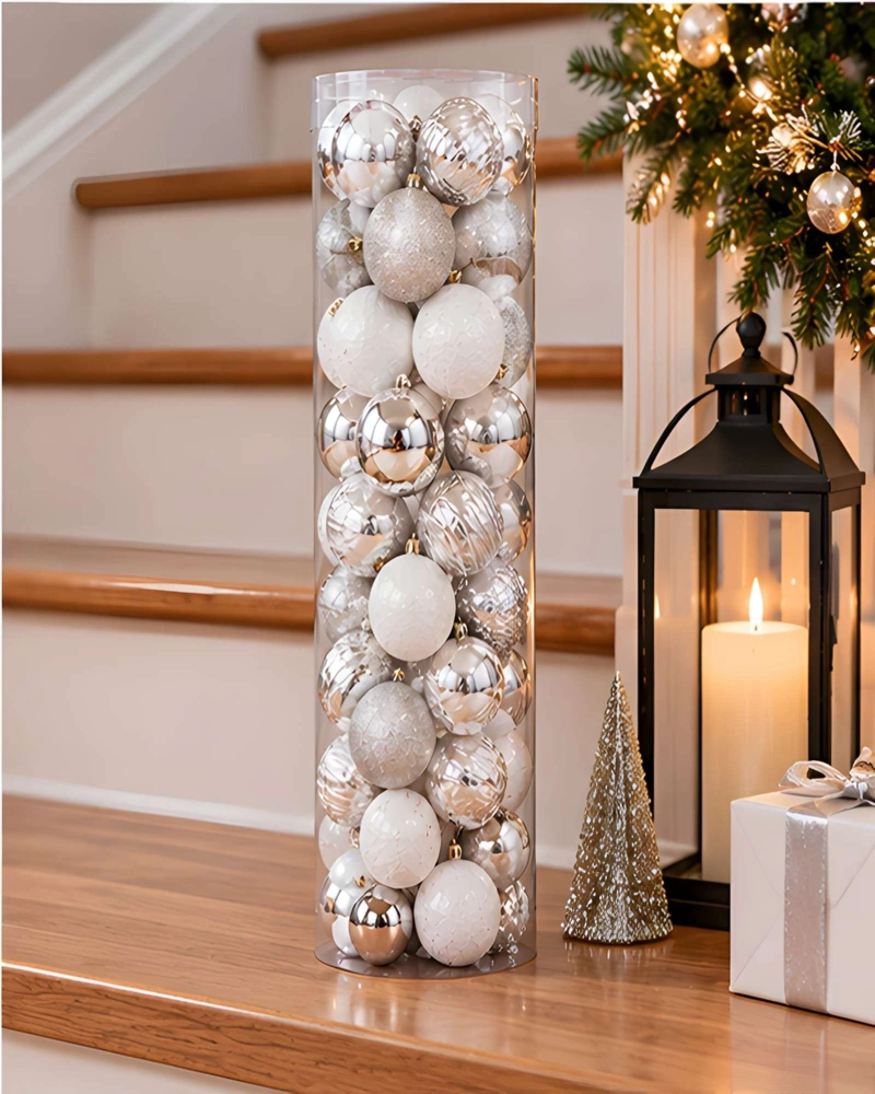 SET 48 ESFERAS DE NAVIDAD 7 CM SURTIDO PLATA Y BLANCO - 1