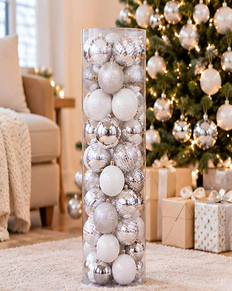 SET 48 ESFERAS DE NAVIDAD 7 CM SURTIDO PLATA Y BLANCO - 2