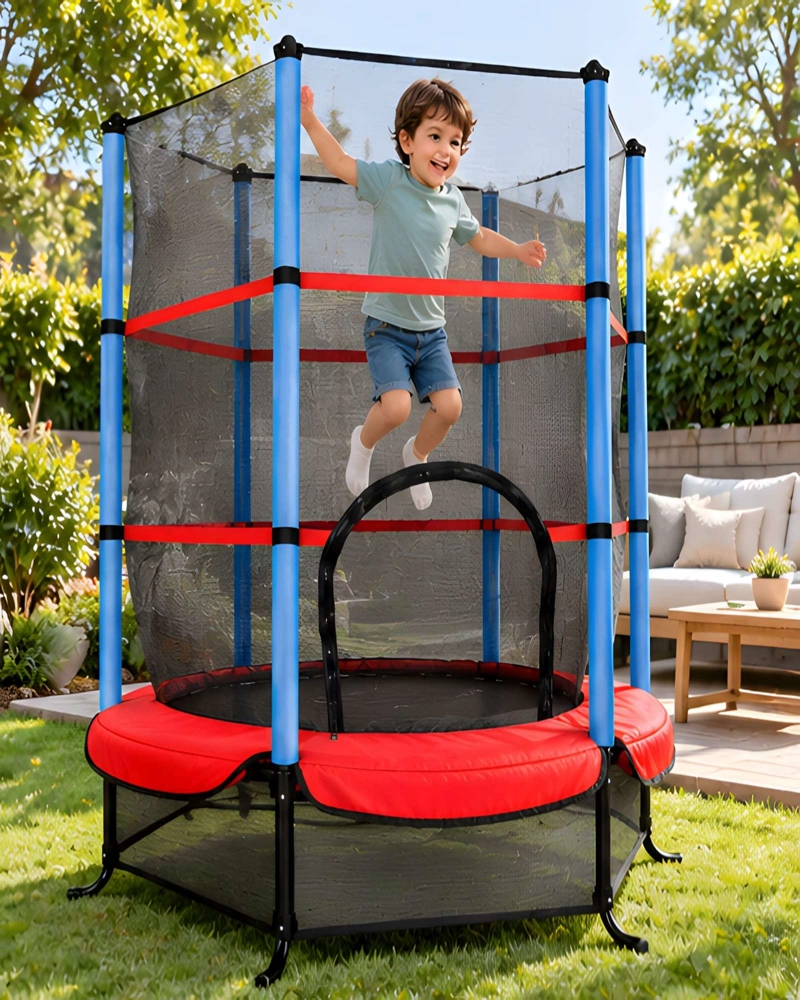 TRAMPOLIN DE NIÑOS PORTATIL CON MALLA Y BORDES ROJOS - 4