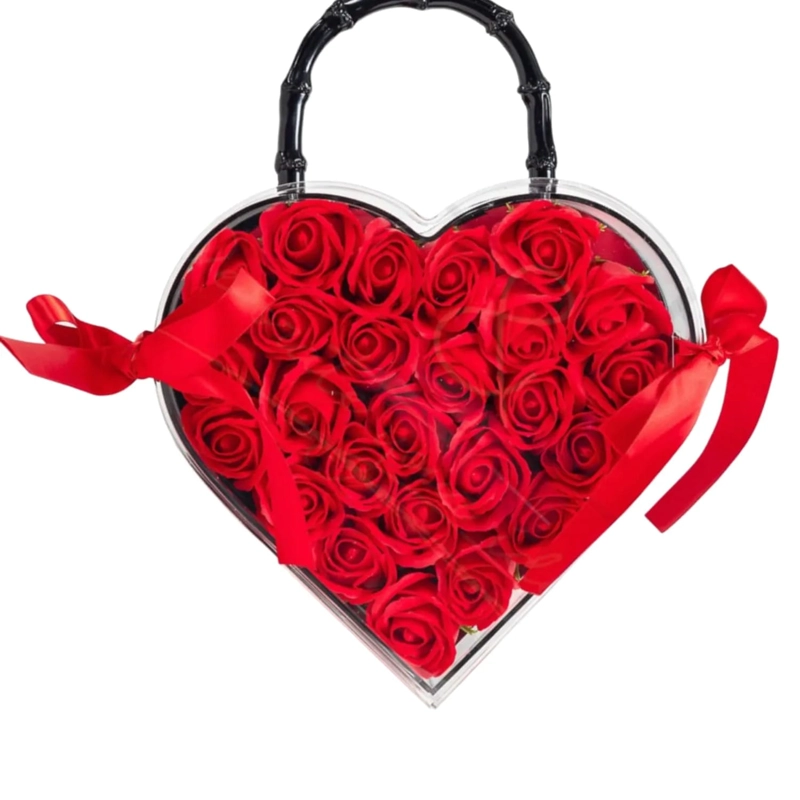 FLORES CARTERA DE CORAZON CON 30 ROSAS ETERNAS ROSAS DE JABON SAN VALENTIN - 1