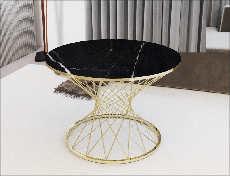 MESA CENTRO VIDRIO TEMPLADO POTA GOLD METAL NEGRO  Y EFECTO MARMOL - 1