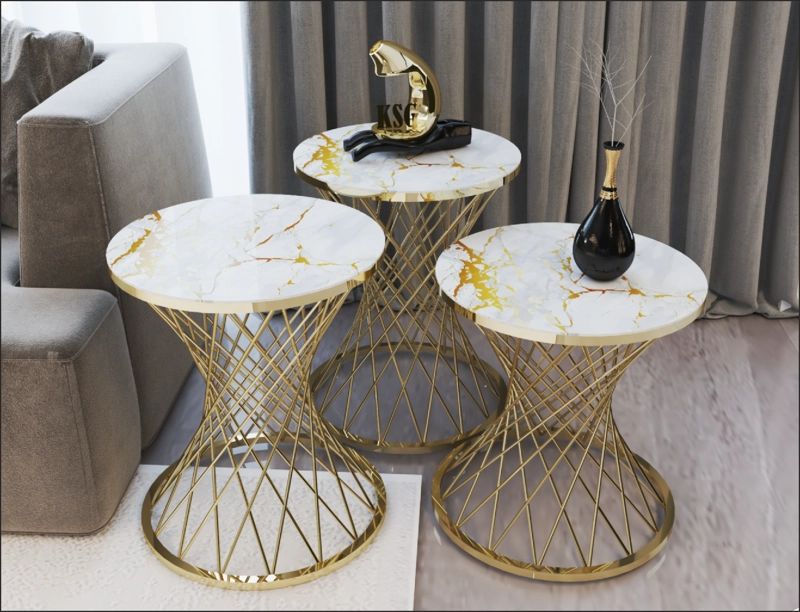 SET DE MESAS LATERALES POTA VIDRIO TEMPLADO DORADO METAL BLANCO CON TOQUE DE AMARILLO - 1