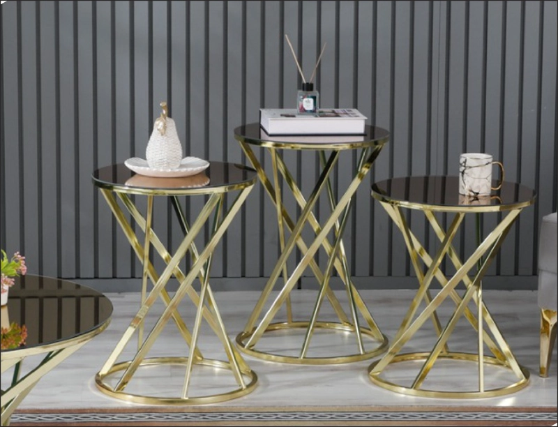 SET DE MESAS LATERALES VIDRIO REFLEJADO YELPAZE GOLD METAL DORADO - 1
