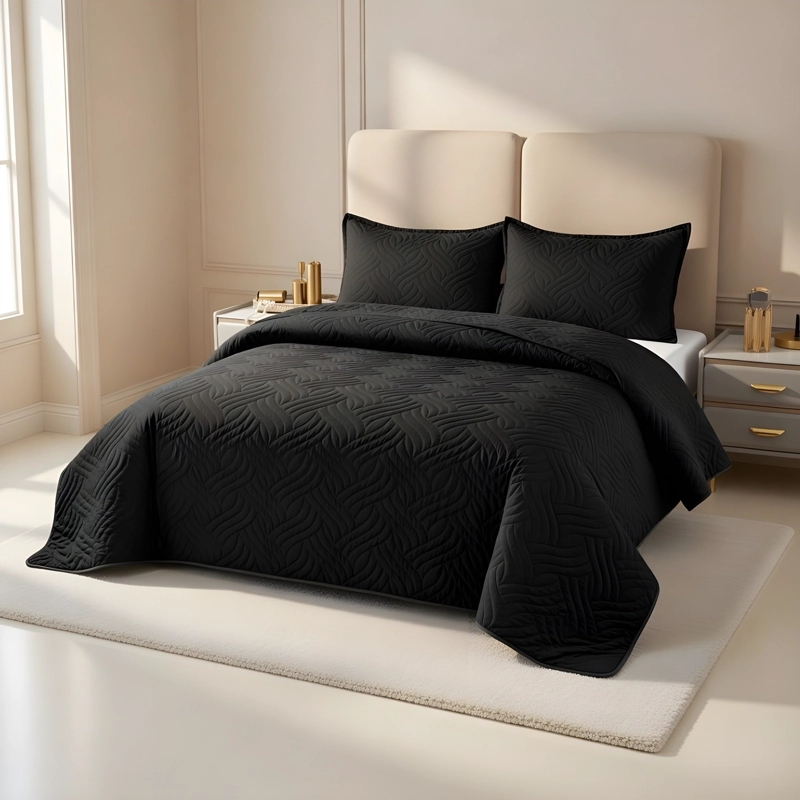 CUBRECAMA QUILT DE VERANO DE 2 PLAZAS MEDIDA 230X250CM DELGADO + 2 FUNDAS DE ALMOHADA NEGRO - 1