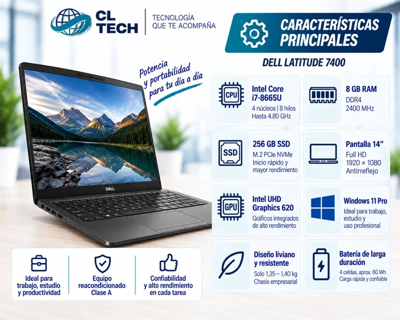 NOTEBOOK DELL LATITUDE 7400 INTEL CORE I7-8665U 8GB RAM SSD 256GB 14 FHD - 1