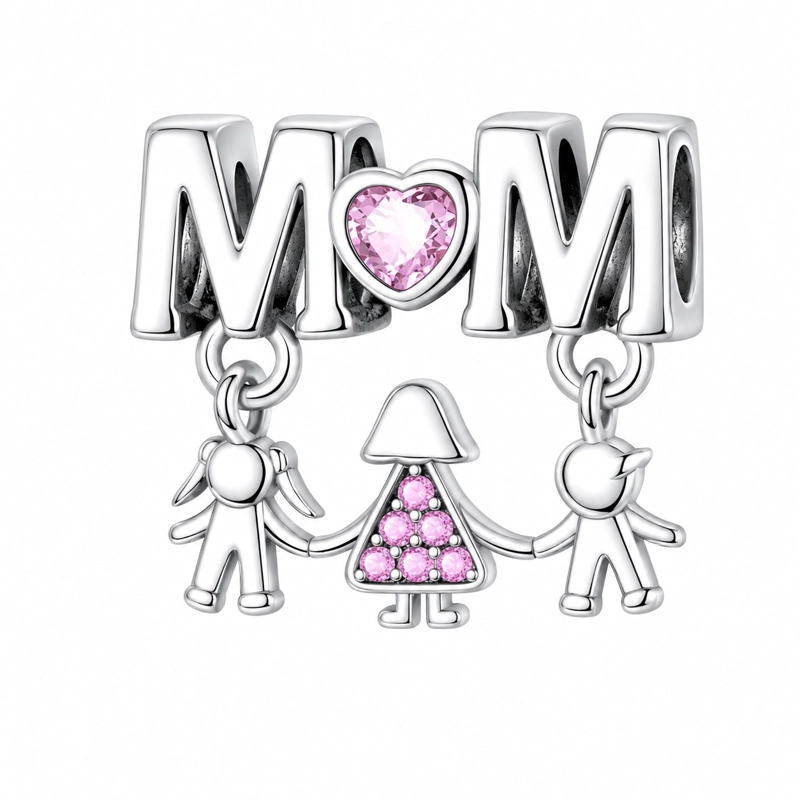CHARM DIJE MAMA CON HIJOS CIRCON ROSA PLATA 925 - 1