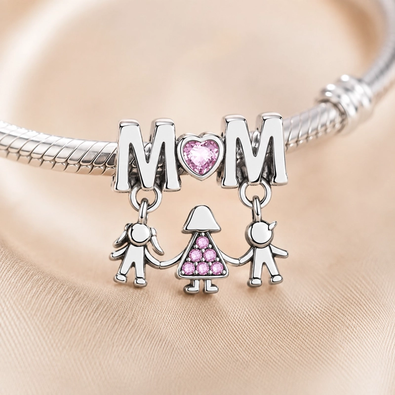 CHARM DIJE MAMA CON HIJOS CIRCON ROSA PLATA 925 - 2