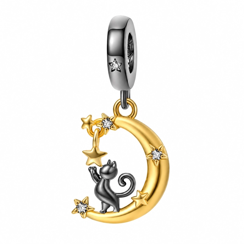 CHARM DIJE GATITO LUNA PLATA 925 - 1