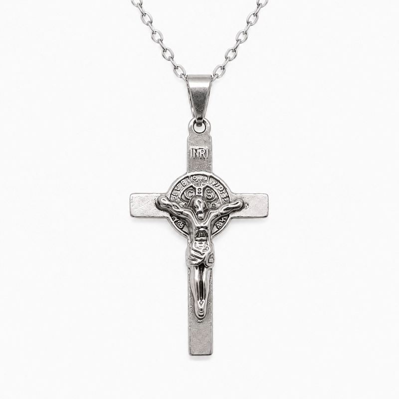 COLLAR CRUCIFIJO SAN BENITO HOMBRE ACERO INOXIDABLE - 1