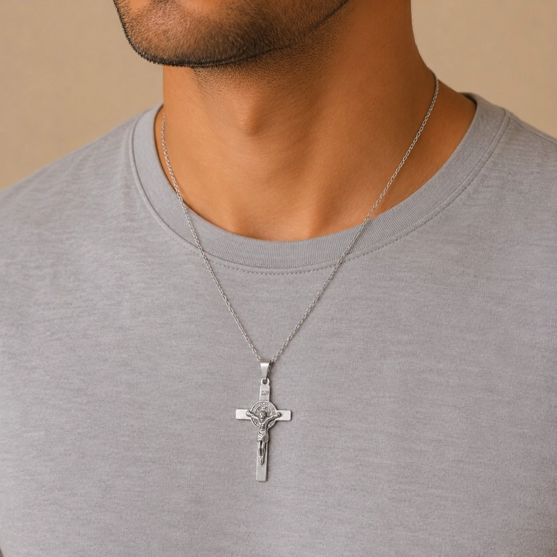 COLLAR CRUCIFIJO SAN BENITO HOMBRE ACERO INOXIDABLE - 2