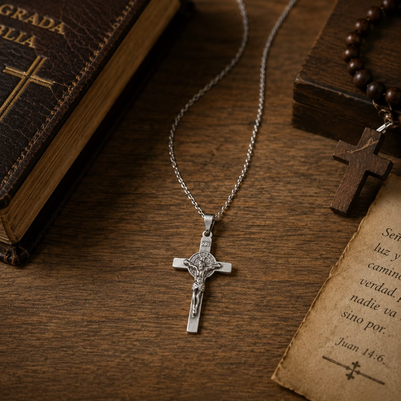 COLLAR CRUCIFIJO SAN BENITO HOMBRE ACERO INOXIDABLE - 3