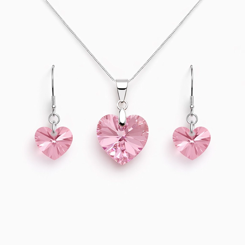 CONJUNTO COLLAR Y AROS CORAZON CRISTAL AUSTRIACO ROSA PLATA 925