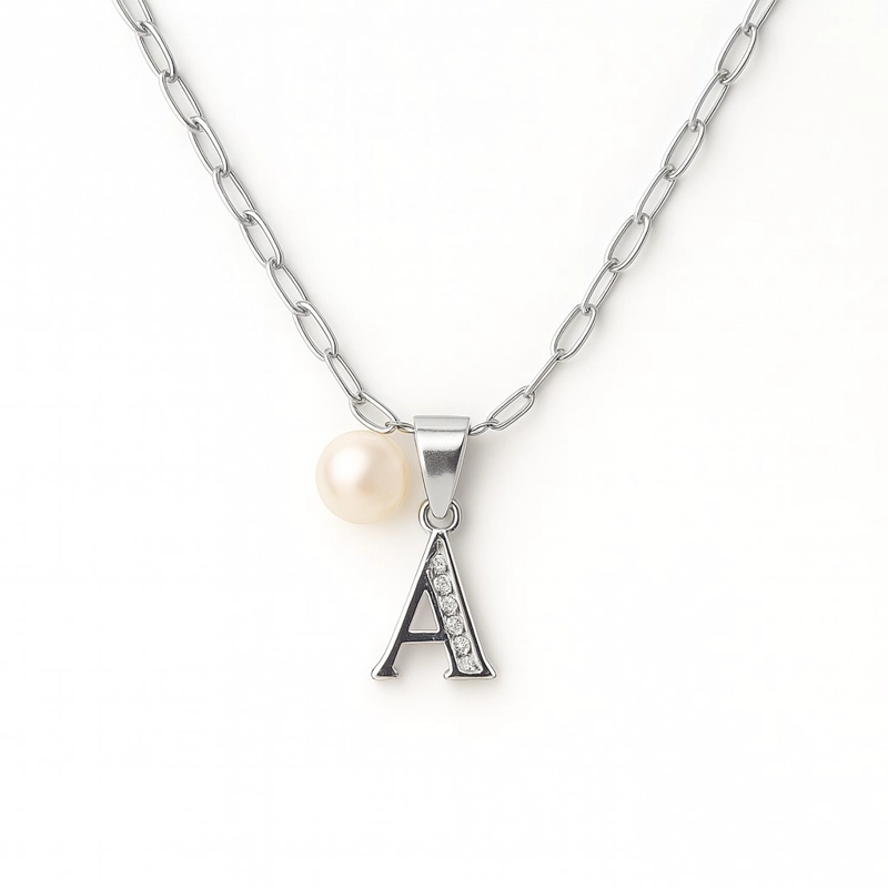 COLLAR LETRA A CIRCON PERLA DE RIO PLATA LEY 925 - 1
