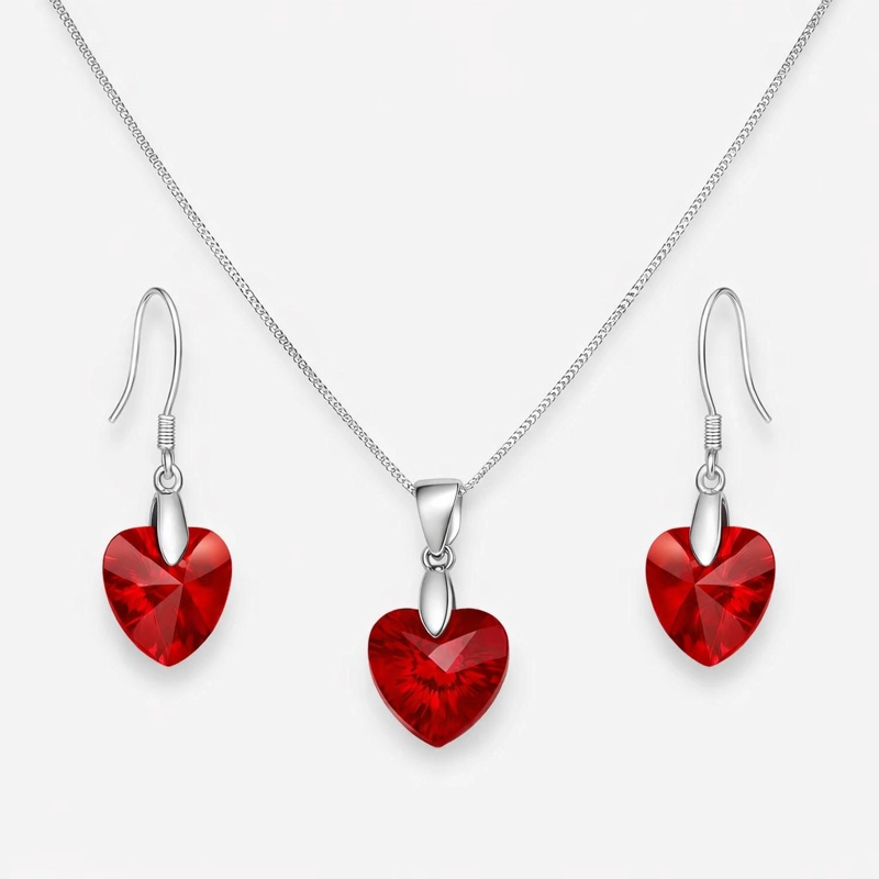 CONJUNTO COLLAR Y AROS CORAZON CRISTAL AUSTRIACO ROJO PLATA 925 - 1